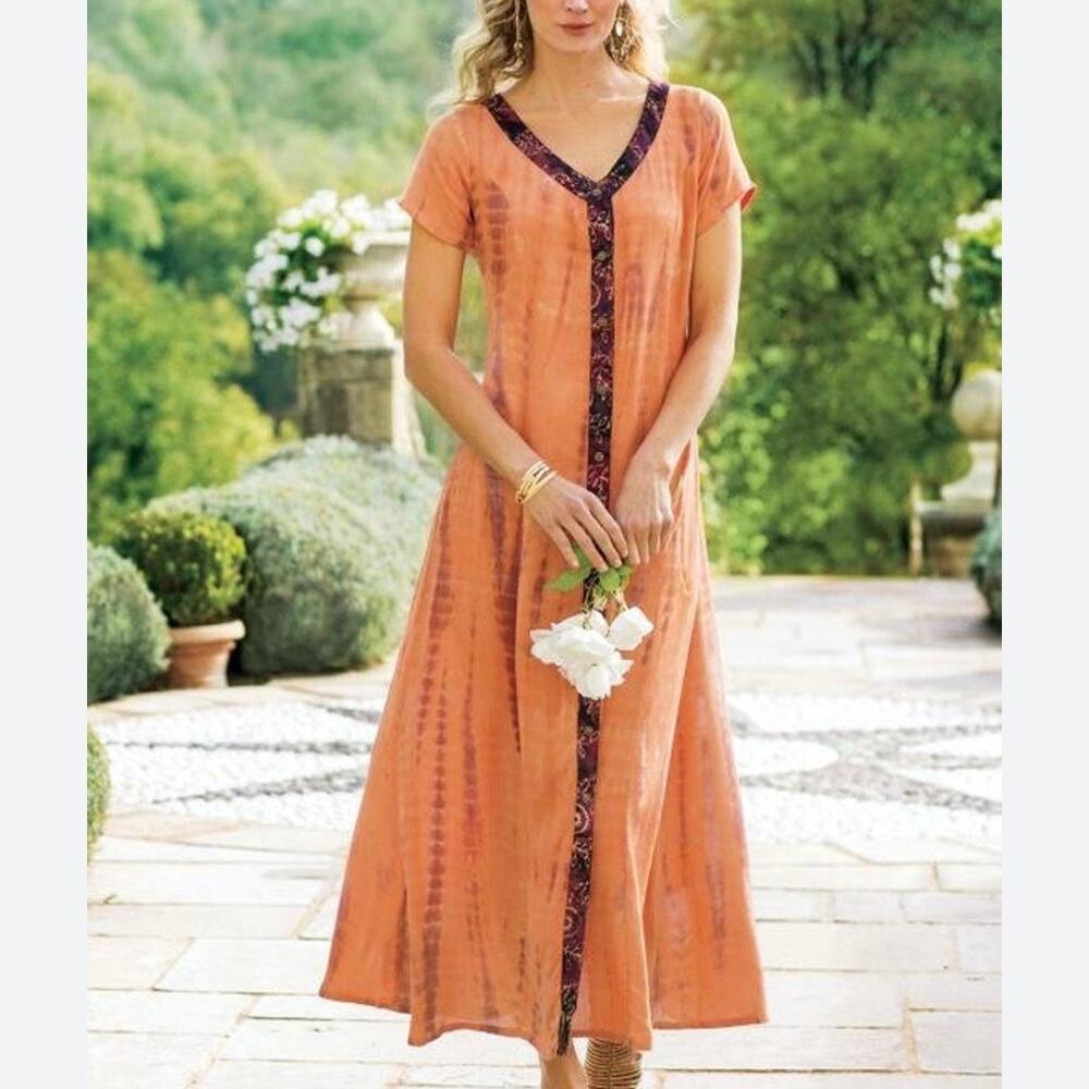 Soft Surroundings Size XS Sunset Bali Tie Dye Maxi Dress Canyon Orange Boho